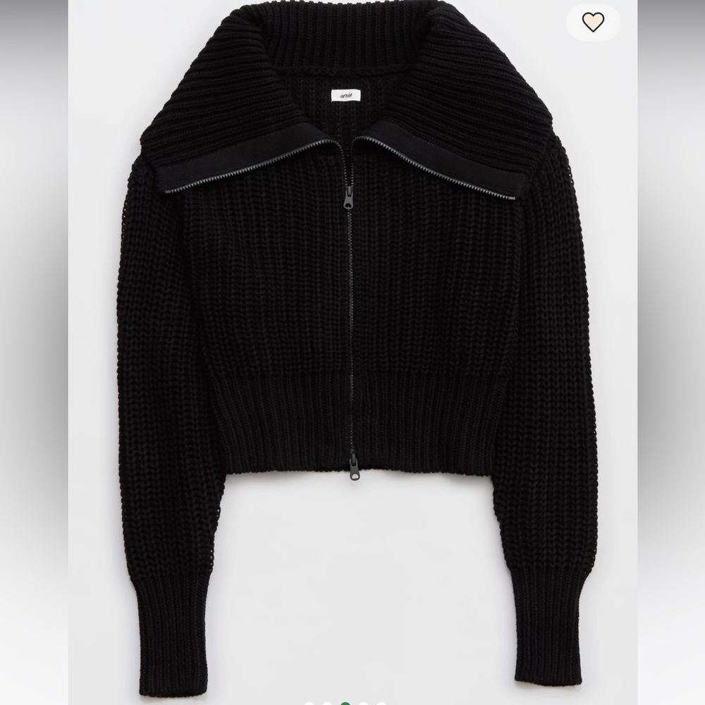 Aerie Double Zip Cardigan Black Shawl Cropped Heavy Knit Loose Fit